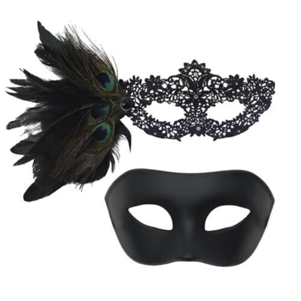 6410 Lace Masquerade Masks for Couples, Peacock Feather Venetian Face Masks